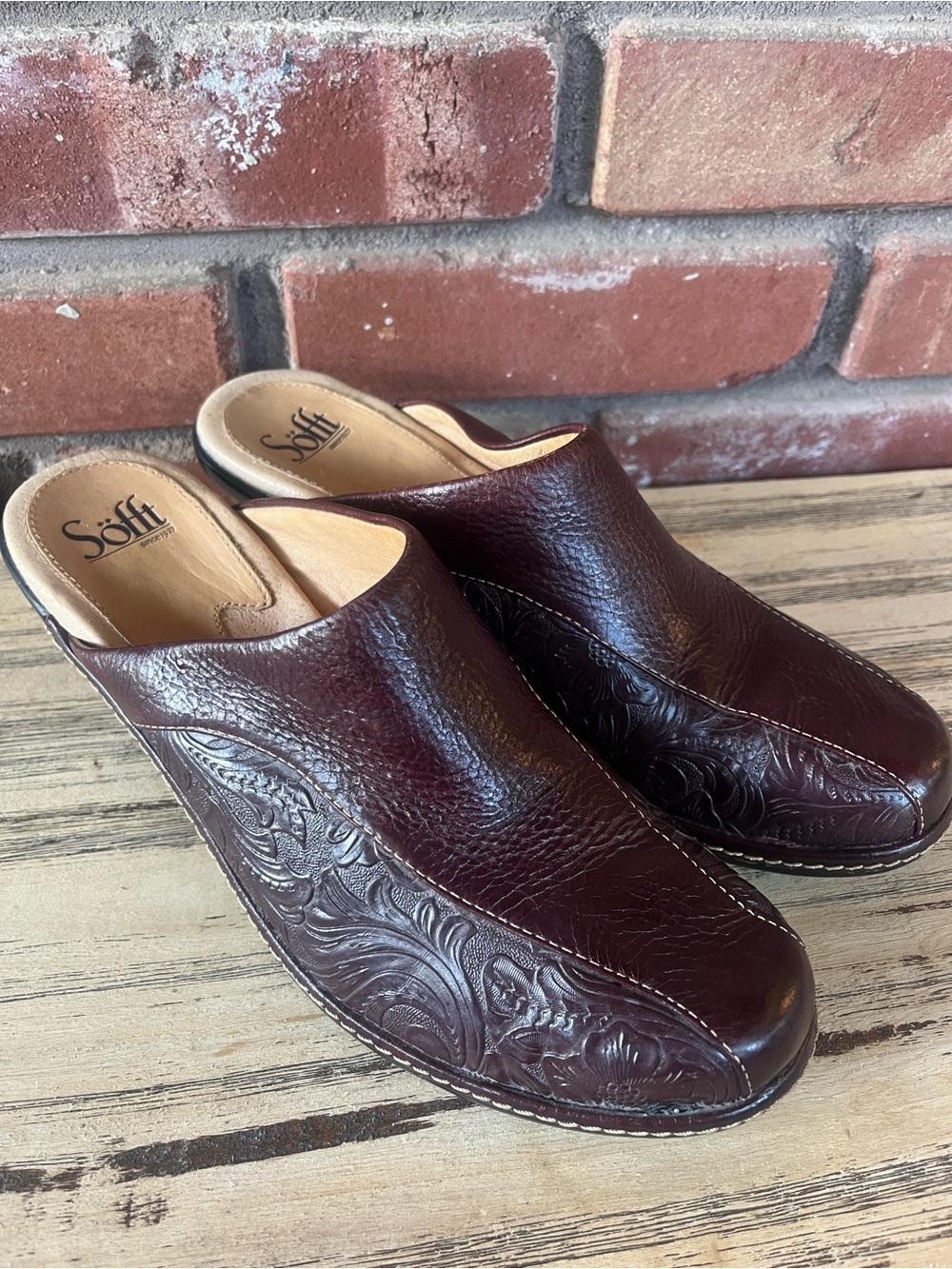 Sofft Women’s Burgundy Leather Embossed Clog Mules